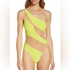 NEW with Tags Norma Kamali Neon Yellow One-Shoulder Mesh Cutout One-Piece